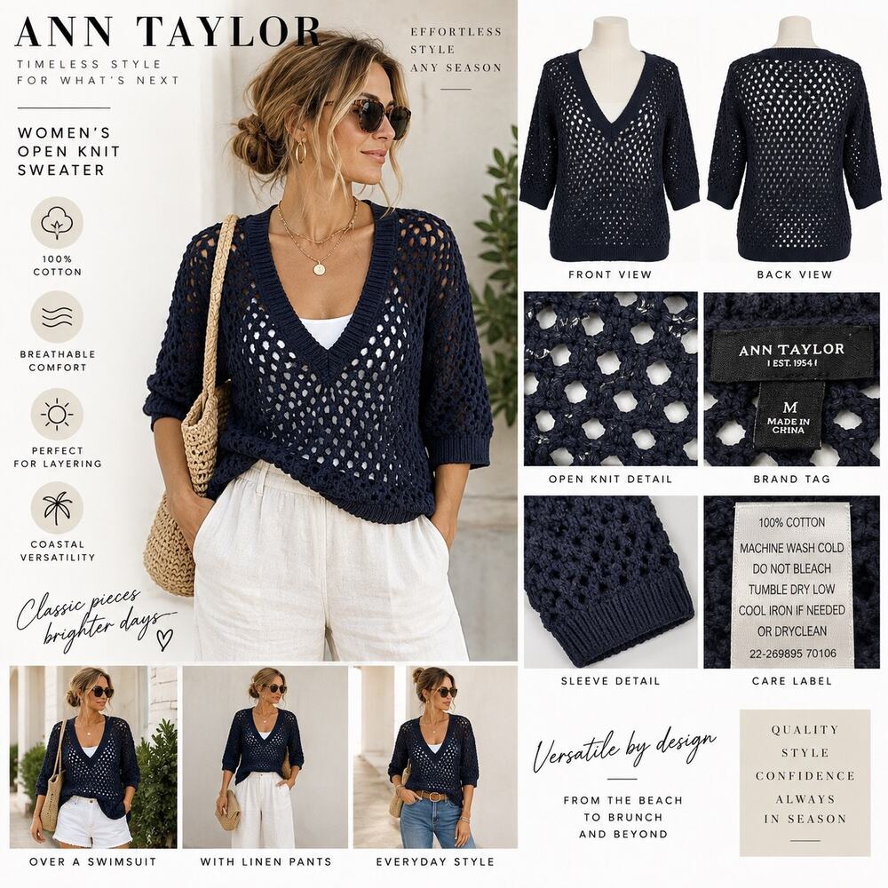 Ann Taylor Women M Navy Crochet Open Knit 100% Cotton V Neck Sweater Coastal Top - Picture 2 of 8